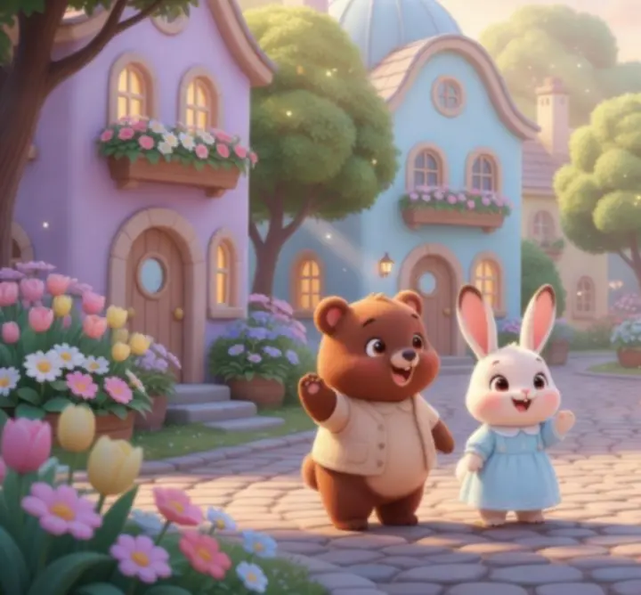Vue illustrée d'un village chaleureux et coloré dans Adorable Adventures