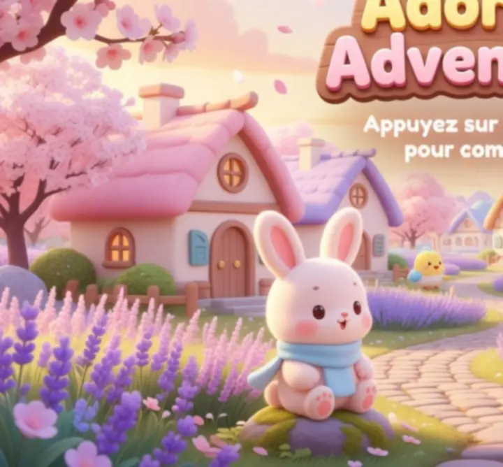 Scène cosy du jeu Adorable Adventures avec un village pastel et des personnages adorables