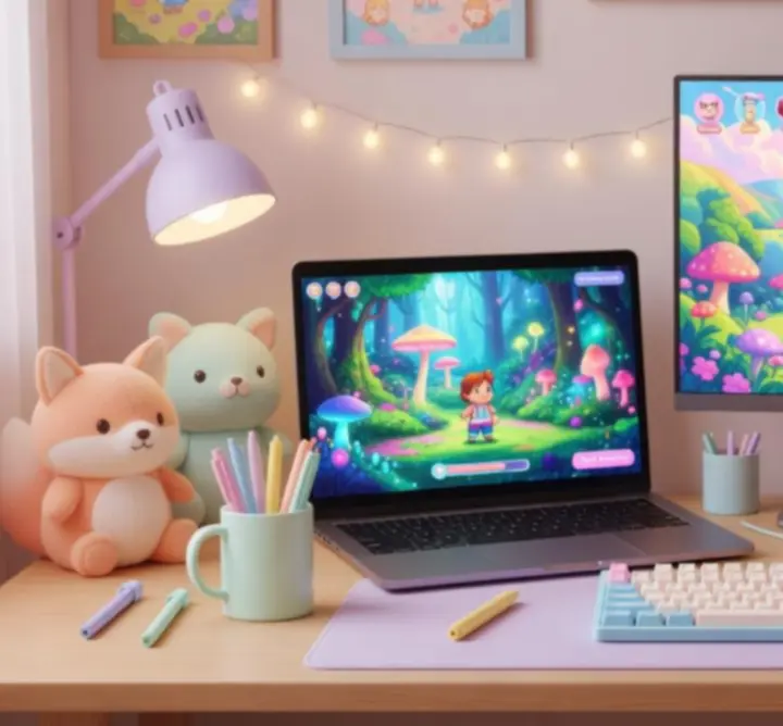 Poste de jeu cosy avec un ordinateur portable et un écran de bureau affichant des environnements colorés d'Adorable Adventures.