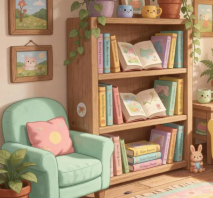 Intérieur cozy détaillé avec livres, affiches et meubles chaleureux dans Adorable Adventures