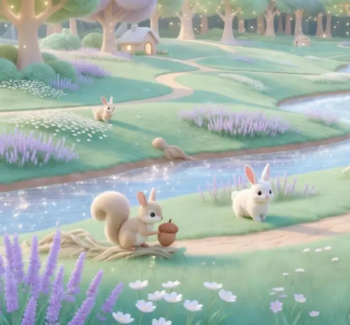 Paysage pastel d'Adorable Adventures avec collines colorées et ciel lumineux