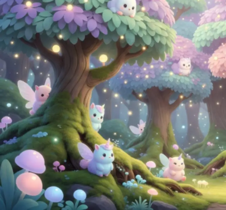 Sentier lumineux dans une forêt enchantée aux teintes pastel et magiques.