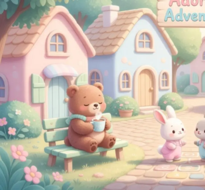 Vue d'un village pastel et chaleureux dans Adorable Adventures, avec de petits personnages mignons.
