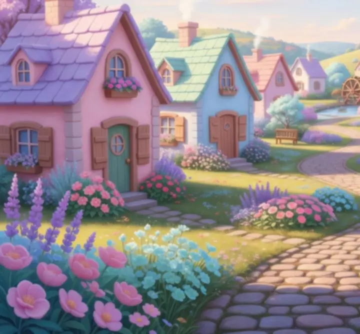 Village cozy aux façades pastel illustrant la palette de couleurs d'Adorable Adventures