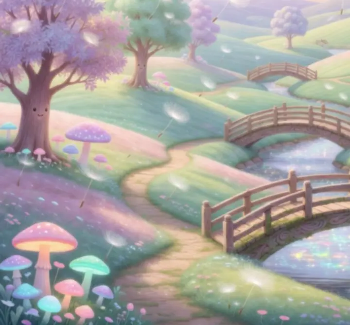 Paysage pastel coloré avec collines, fleurs et sentiers lumineux dans Adorable Adventures