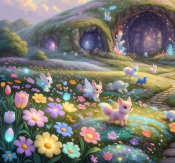 Paysages magiques pastel : champs fleuris, grottes lumineuses et villages cozy.