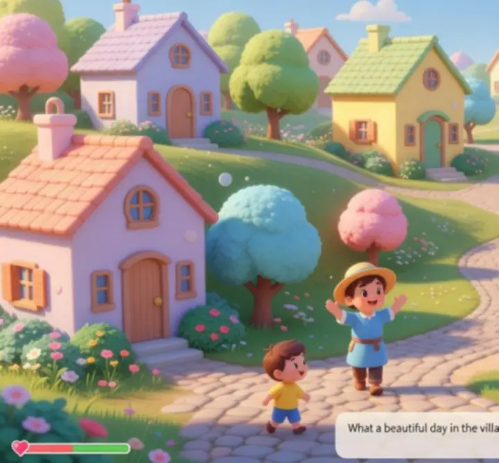 Scène de village chaleureux dans Adorable Adventures avec une animation fluide des personnages et des décors colorés.