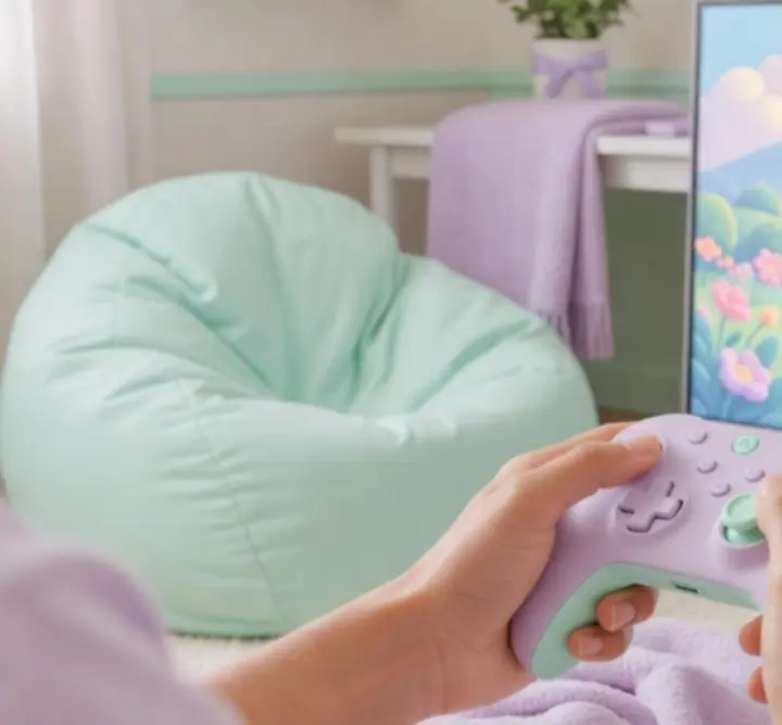 Mains tenant une manette devant un écran affichant un paysage coloré et réconfortant du jeu.