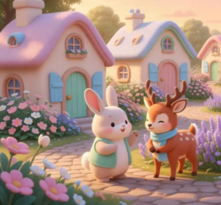 Vue pastel du village Chiffonie, un hameau cozy peuplé de créatures attachantes.